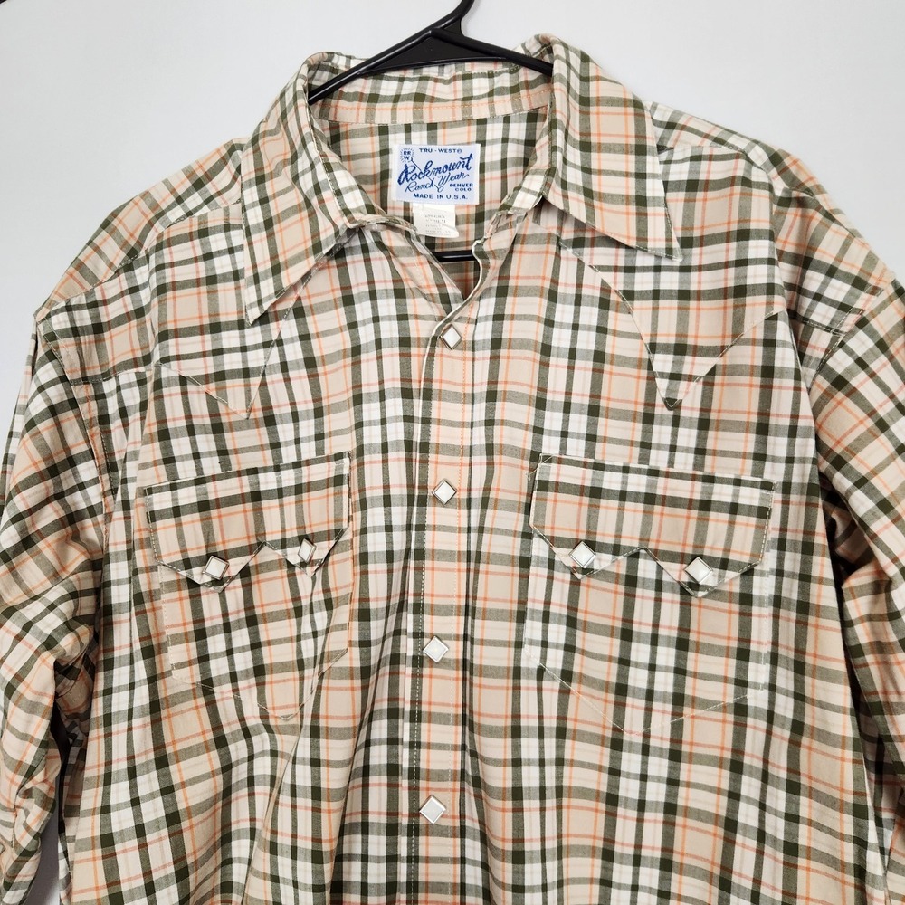 Vintage Rockmount Pearl Diamond Snap Western Shirt Mens Medium Plaid Ranch Wear